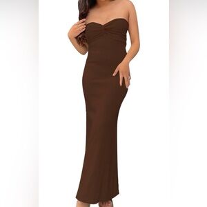 Chocolate Brown Strapless Maxi Dress Minimalist Ribbed Dress Size S